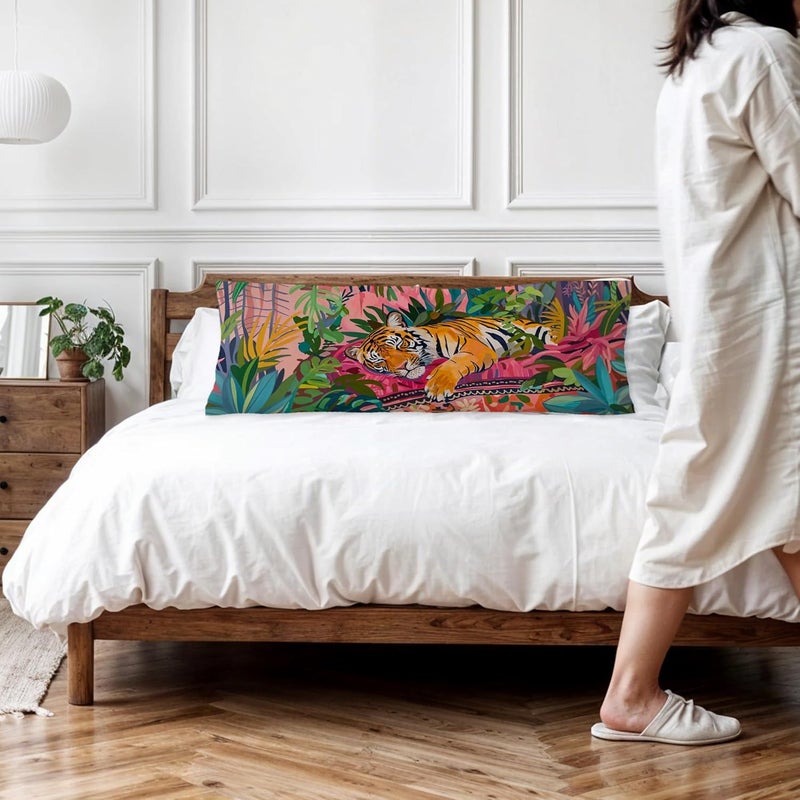 Exqcom Store Maximalist Tiger Body Pillow Covers 20x54, Preppy Room Decor, Tropical Trendy Colorful Tiger Animal Long Body Pillow Case Cover with Hidden Zipper for Women Adults Girls - Image 2